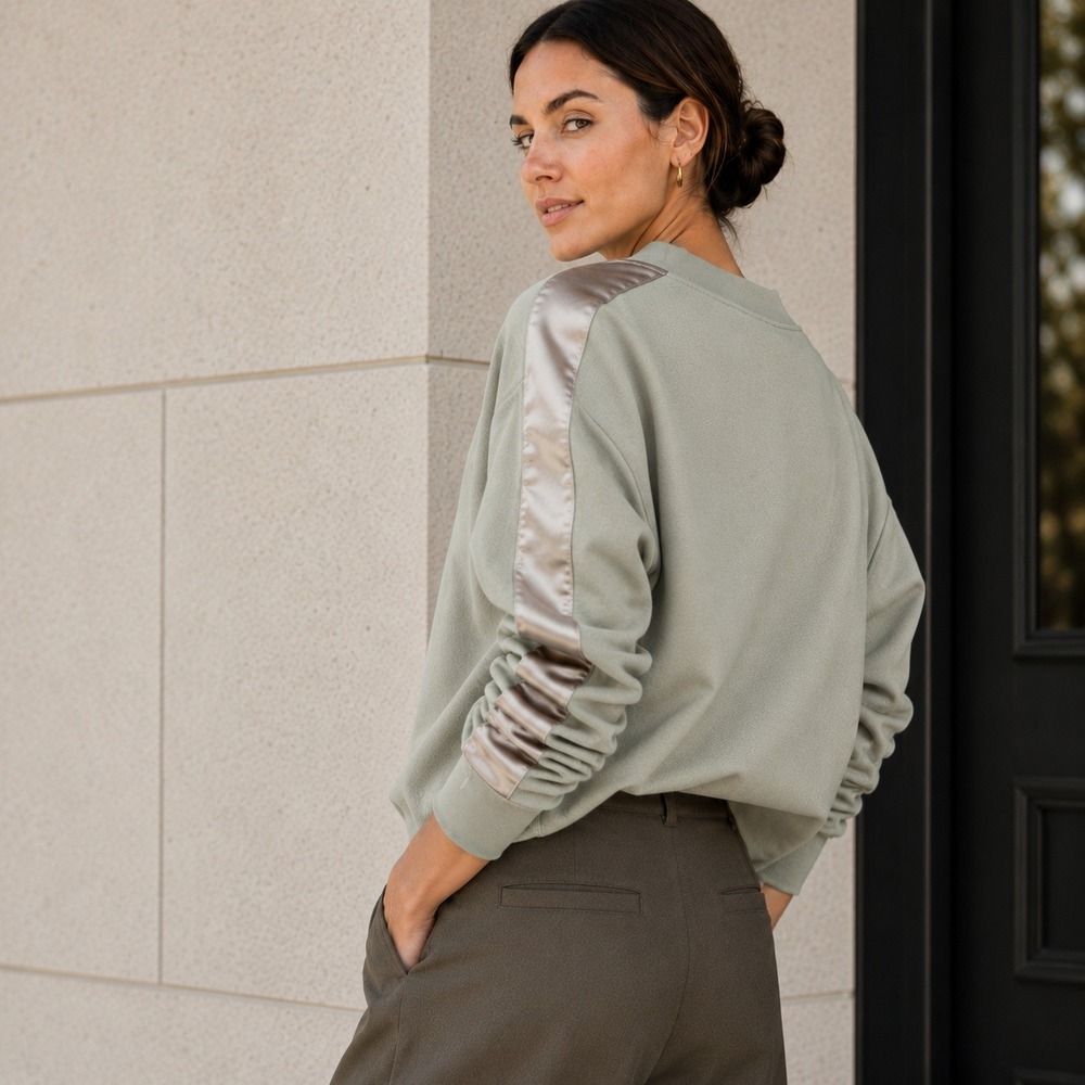 Club Monaco Sweatshirt Sage Green Grey Satin Stripe Arm Athleisure‎ Medium